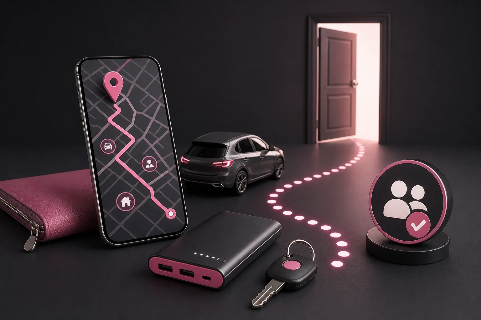 Phone map, transport, battery, key and exit route illustrating an independent meeting safety plan