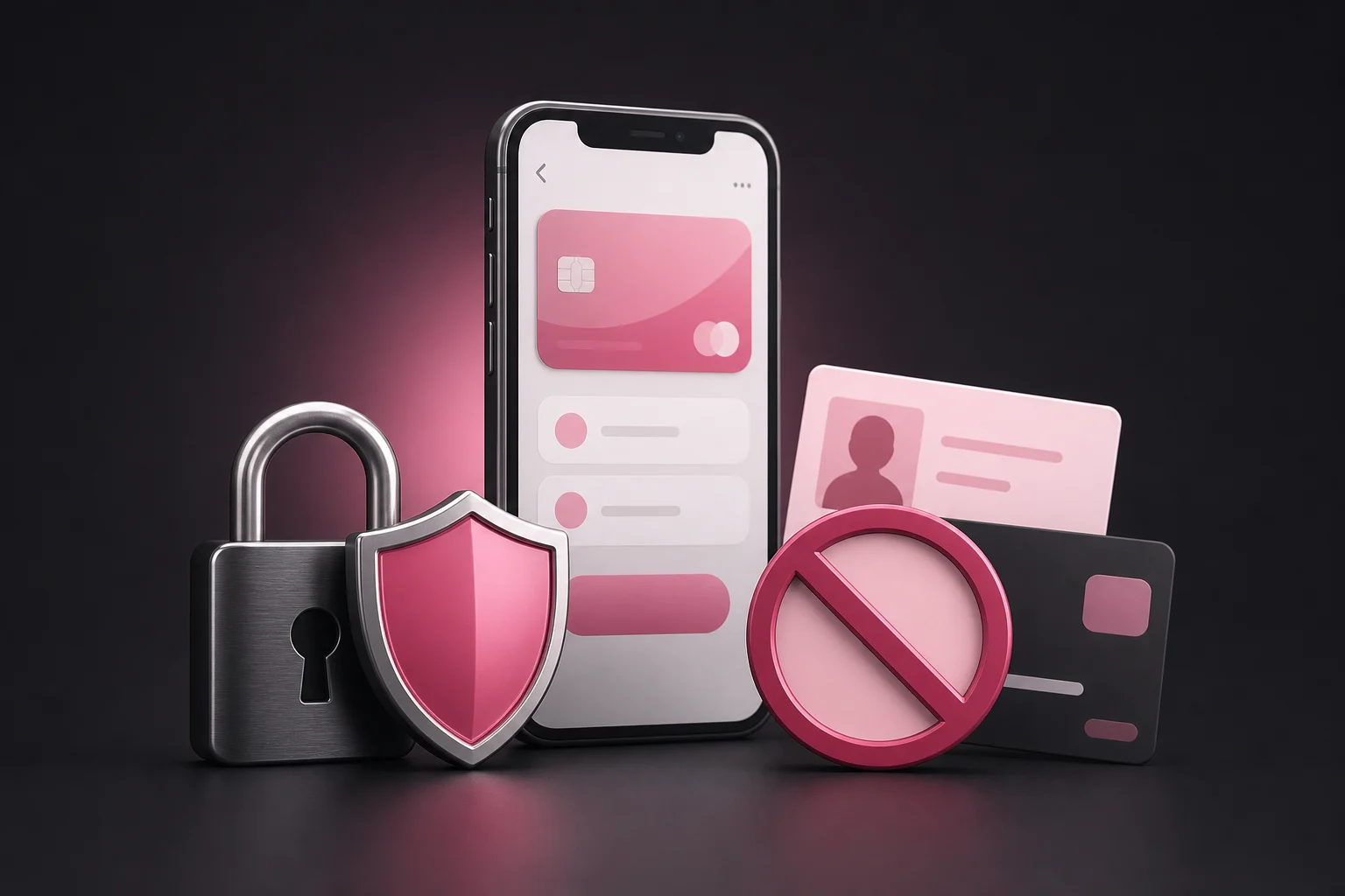 Phone, payment card, identity card, lock and shield illustrating payment and identity protection