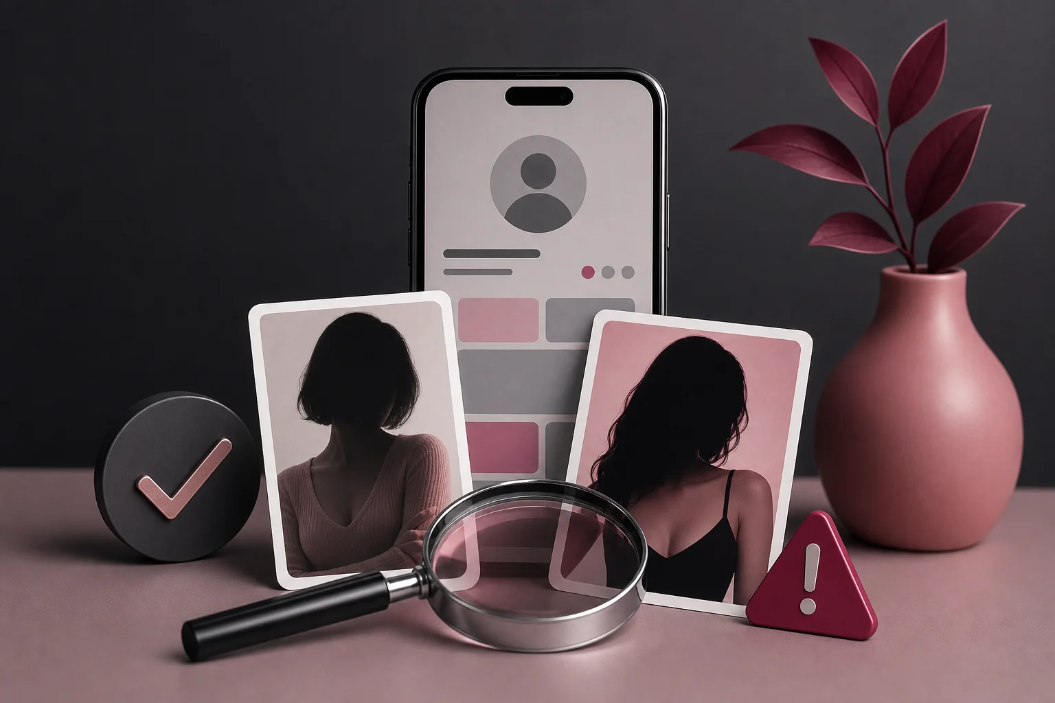 Phone, anonymous profile cards and magnifying glass illustrating a profile consistency check